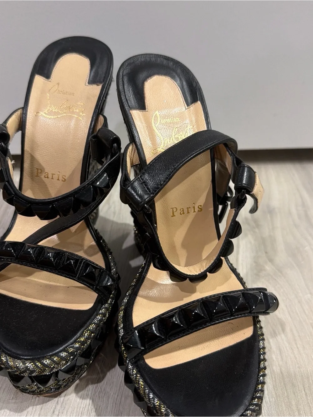 Christian Louboutin Black Studded Platform Sandals with Braided Trim - Picture 1 of 3